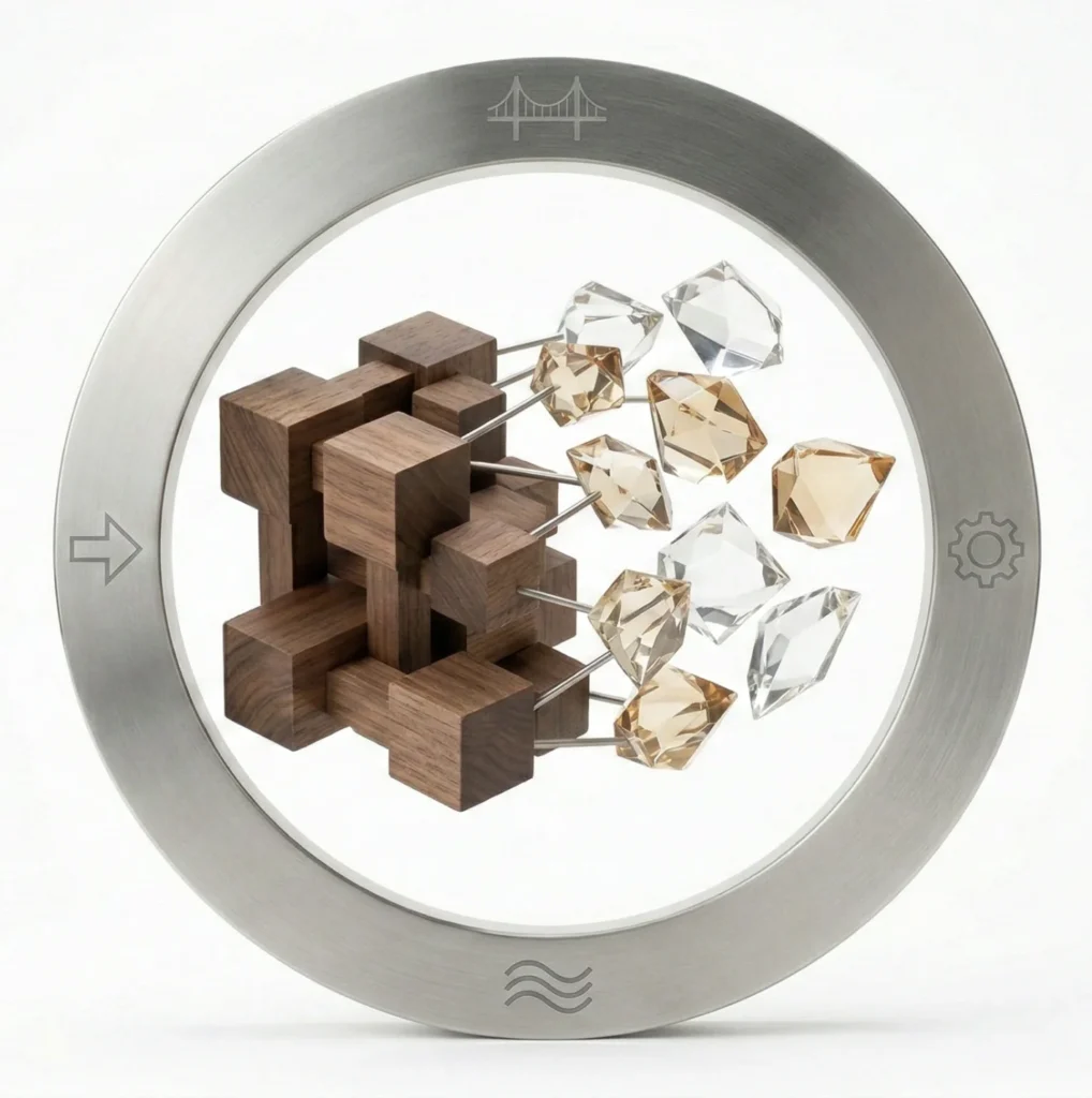 Abstrakte Skulptur im Metallring, die einen fließenden Übergang von dunklem Walnussholz zu transparentem Glas zeigt. Minimalistische Darstellung von Change Management und Transformation.