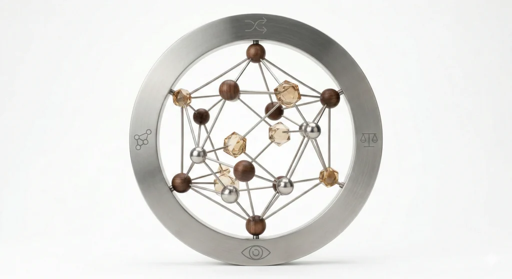 Abstrakte Netzwerk-Struktur aus Stahl, Walnussholz und Glas in einem Metallring. Minimalistische Darstellung von Organisationsaufstellungen und systemischer Balance auf weißem Hintergrund.