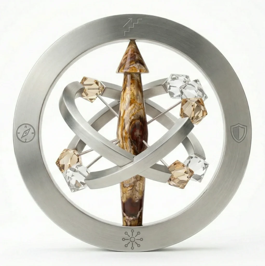 Abstrakte Gyroskop-Skulptur aus Walnussholz und Glas in einem Metallring. Minimalistische Visualisierung von Leadership Coaching, Stabilität und Neuausrichtung für Führungskräfte auf weißem Hintergrund.