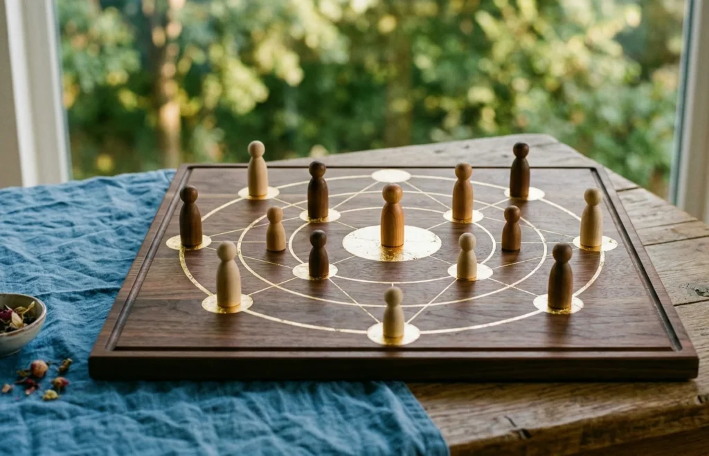 Ein handgefertigtes systemisches Coaching-Brett aus Holz auf einem rustikalen Tisch, mit einer goldenen Spirale, die in gerade Linien übergeht, und zwei Holzfiguren.