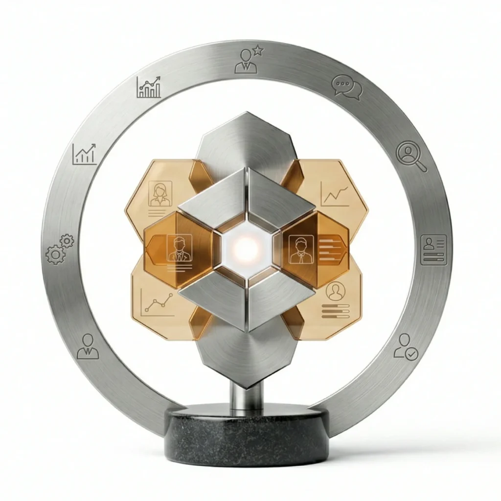 Abstrakte Skulptur aus gebürstetem Metall und Glas mit gravierten HR-Symbolen. Minimalistische Visualisierung von präziser Personalauswahl und Professional Profiling auf weißem Hintergrund.