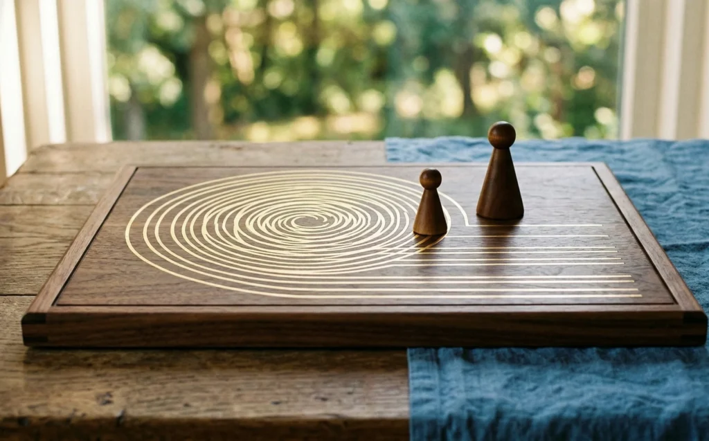 Ein handgefertigtes systemisches Coaching-Brett aus Holz auf einem rustikalen Tisch, mit einer goldenen Spirale, die in gerade Linien übergeht, und zwei Holzfiguren.