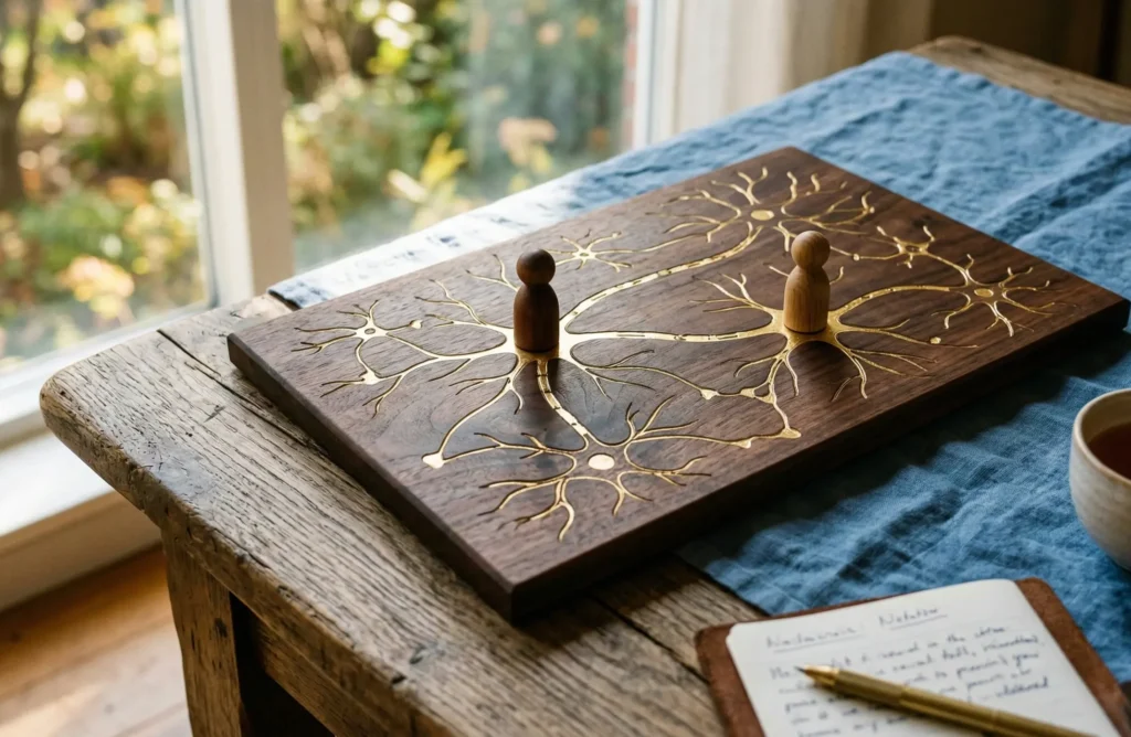 Holz-Systembrett für systemische Aufstellungen und Neuro-Coaching. Visualisierung von neuronalen Netzwerken zur Lösung tiefsitzender Blockaden durch Martina Herz.